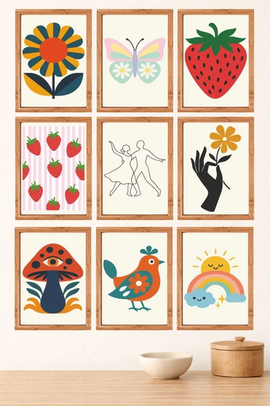 UNT Modern Retro Desenli 9’lu MDF Tablo Seti 15x20 UV Baskı Çerçeve Görünümlü Çok Renkli 15 x 20 ürün görseli 1