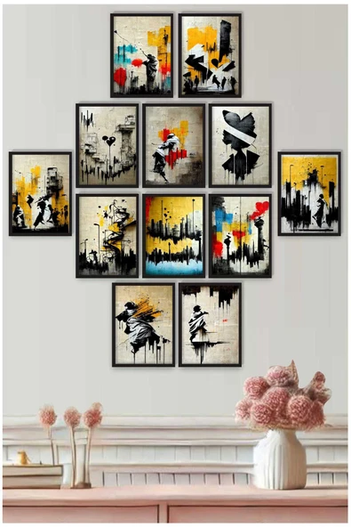 UNT 12 Parça Siyah Çerçeve Görünümlü Modern Graffiti Sanatsal Tablo Seti Çok Renkli 15 x 20 ürün görseli 1