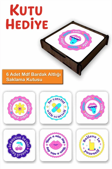 UNT Eğlenceli Renkli 6’lı MDF Bardak Altlığı Seti | Renkli Pop Art Tasarım | Ahşap Kutu Hediyeli ürün görseli 1