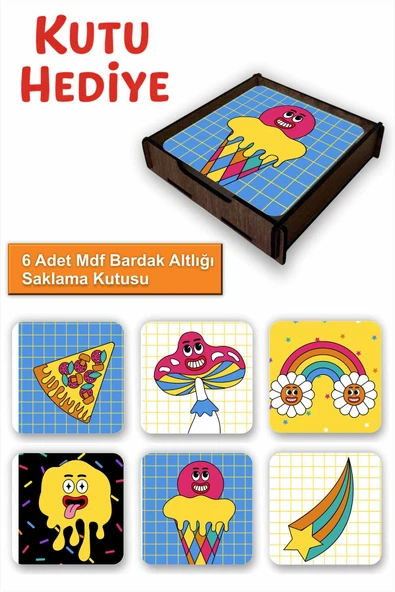 UNT Eğlenceli Renkli 6’lı MDF Bardak Altlığı Seti | Renkli Pop Art Tasarım | Ahşap Kutu Hediyeli ürün görseli 1
