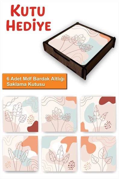 UNT 6’lı MDF Bardak Altlığı Saklama Kutulu – Boho Temalı ürün görseli 1