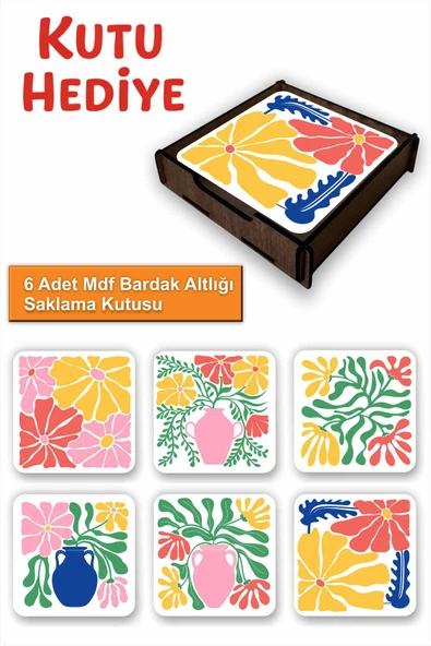 UNT Eğlenceli Renkli 6’lı MDF Bardak Altlığı Seti | Renkli Pop Art Tasarım | Ahşap Kutu Hediyeli ürün görseli 1