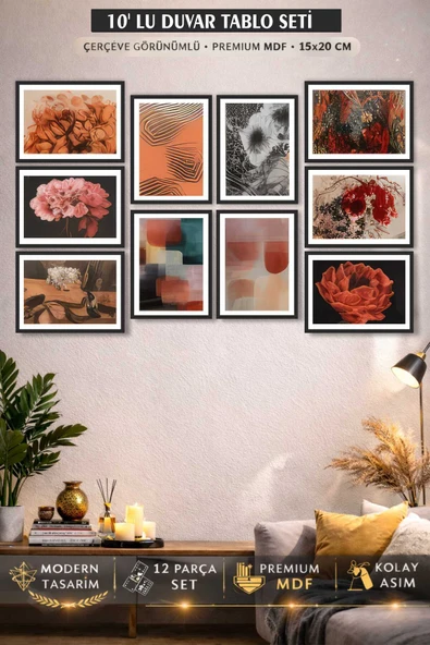UNT 10’lu Premium MDF Duvar Tablo Seti 15x20 cm Çerçeve Görünümlü Modern Soyut & Çiçek Çok Renkli 15 x 20 ürün görseli 1