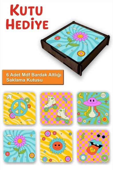 UNT Eğlenceli Renkli 6’lı MDF Bardak Altlığı Seti | Renkli Pop Art Tasarım | Ahşap Kutu Hediyeli ürün görseli 1