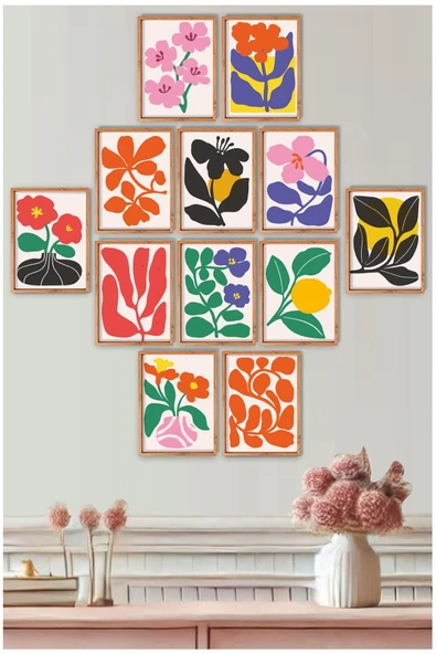 UNT Soyut Çiçek & Yaprak Desenli UV Baskı MDF Duvar Tablo Seti 15x20 cm – 12’li Set Çerçeve Görünümlü Çok Renkli 15 x 20 ürün görseli 1