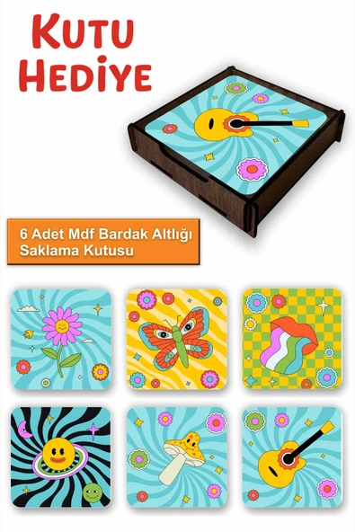 UNT Eğlenceli Renkli 6’lı MDF Bardak Altlığı Seti | Renkli Pop Art Tasarım | Ahşap Kutu Hediyeli ürün görseli 1