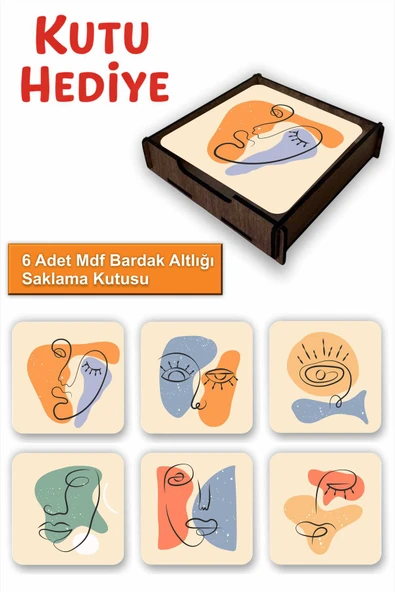 UNT 6’lı Minimal Line Art Desenli MDF Bardak Altlığı Seti – Ahşap Saklama Kutulu, Kutu Hediye ürün görseli 1