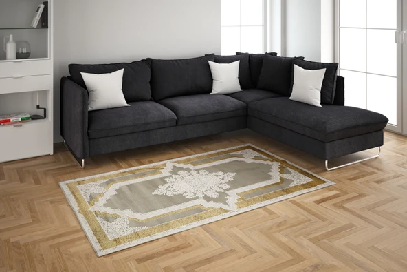 Nostalji Seri Gold Çerçeveli Klasik Motifli Altı Kaymaz Makine Dokuma Halı | 13417 100 X 200 ürün görseli 1