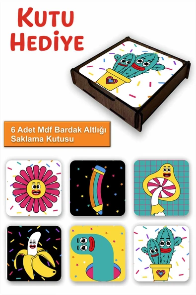 UNT Eğlenceli Renkli 6’lı MDF Bardak Altlığı Seti | Renkli Pop Art Tasarım | Ahşap Kutu Hediyeli ürün görseli 1