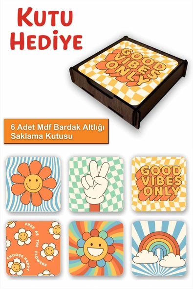 UNT 6’lı MDF Bardak Altlığı Seti – Saklama Kutulu, Good Vibes Only Retro Desenli ürün görseli 1