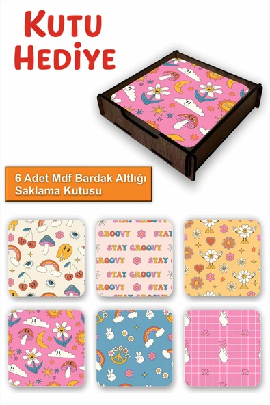 UNT Eğlenceli Renkli 6’lı MDF Bardak Altlığı Seti | Renkli Pop Art Tasarım | Ahşap Kutu Hediyeli ürün görseli 1