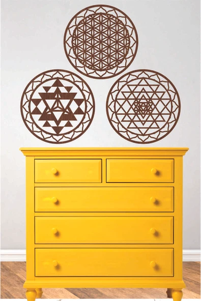 UNT 3 1ü Kutsal Geometri Seti ( Yaşam Çiçeği, Sri Yantra ve Merkaba) Kahverengi 30 x 30 ürün görseli 1
