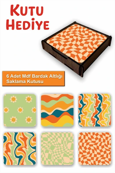 UNT 6’lı MDF Bardak Altlığı Seti – Retro Dalga & Çiçek Desenli, Saklama Kutulu ürün görseli 1