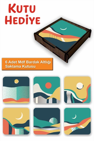 UNT 6’lı Modern Soyut Desenli MDF Bardak Altlığı Seti – Ahşap Saklama Kutulu, Kutu Hediyeli ürün görseli 1