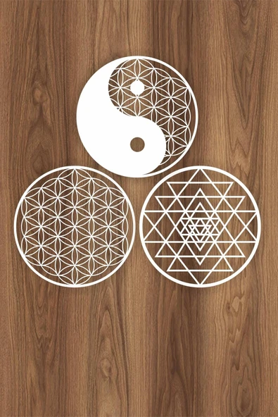 UNT Kutsal Geometri 3'l Ü Set Yaşam Çiçeği Sri Yantra Ve Yin Yang Duvar Dekoru, Tablo BEYAZ 48 x 48 ürün görseli 1