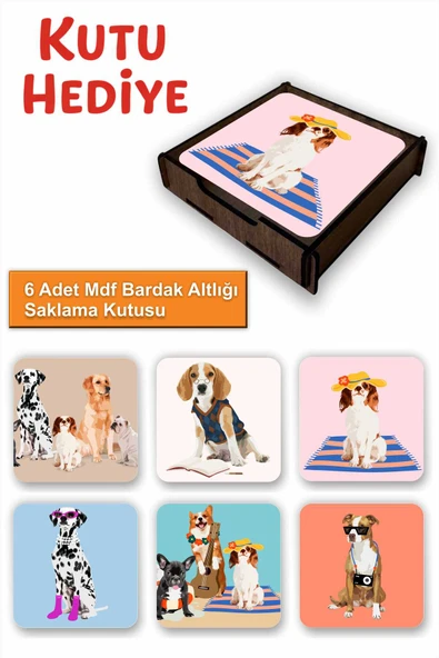 UNT 6’lı MDF Bardak Altlığı Saklama Kutulu – Sevimli Köpekler Temalı ürün görseli 1