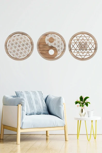 UNT Kutsal Geometri 3'l Ü Set Yaşam Çiçeği Sri Yantra Ve Yin Yang Duvar Dekoru, Tablo CEVİZ 48 x 48 ürün görseli 1