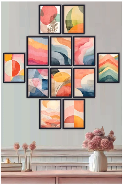 UNT 12 Parça Siyah Çerçeve Görünümlü Modern Minimailst Bohemien Sanatsal Tablo Seti 3 Çok Renkli 15 x 20 ürün görseli 1