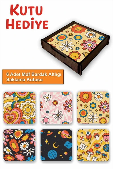 UNT Eğlenceli Renkli 6’lı MDF Bardak Altlığı Seti | Renkli Pop Art Tasarım | Ahşap Kutu Hediyeli ürün görseli 1