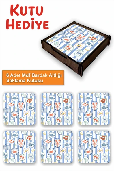 UNT 6’lı MDF Bardak Altlığı Saklama Kutulu – Dekoratif Akdeniz Esintileri Desenli ürün görseli 1
