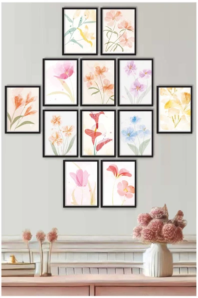 UNT Çerçeve Görünümlü Pastel Çiçekler Duvar Tablosu Seti – Minimal Suluboya Çiçek Posterleri (12’li Set) Çok Renkli 15 x 20 ürün görseli 1