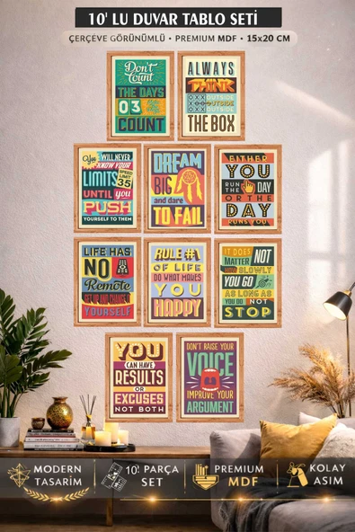 UNT Modern Motivasyon Sözleri 10 Parça MDF Duvar Tablo Seti – 15x20 cm Çok Renkli 15 x 20 ürün görseli 1