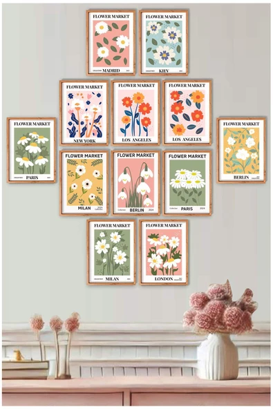 UNT Flower Market 12'li Çiçek Temalı Dekoratif Duvar Tablo Seti – Modern Minimalist Poster Seti Çok Renkli 15 x 20 ürün görseli 1