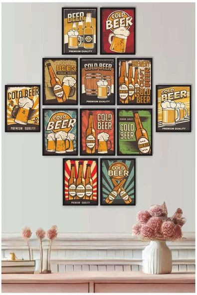 UNT Retro Beer Temalı 12 Parça Renkli Dekoratif MDF Tablo Seti Çok Renkli 15 x 20 ürün görseli 1