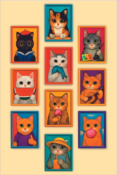 UNT 12 Parça Kedi Tablo Seti Ahşap Çerçeve Görünümlü Kedili Mdf Tablo Seti Çok Renkli 15 x 20 ürün görseli 1