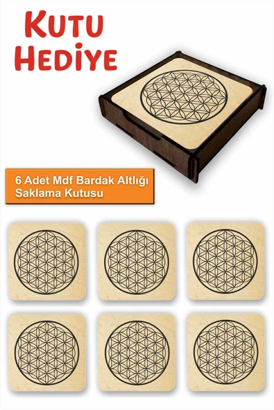 UNT Kutsal Geometri 6’lı MDF Bardak Altlığı Seti | Yaşam Çiçeği | Ahşap Kutu Hediyeli ürün görseli 1