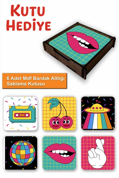 UNT Eğlenceli Renkli 6’lı MDF Bardak Altlığı Seti | Renkli Pop Art Tasarım | Ahşap Kutu Hediyeli ürün görseli 1