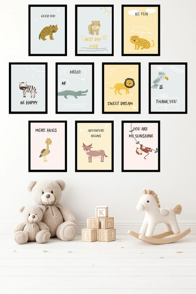 UNT 10'lu Çerçeve Görünümlü Bebek ve Çocuk Odası Duvar Tablo Seti – 15x20 cm MDF UV Baskı Çok Renkli 15 x 20 ürün görseli 1