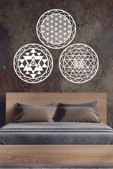 UNT 3 1ü Kutsal Geometri Seti ( Yaşam Çiçeği, Sri Yantra ve Merkaba) Beyaz 30 x 30 ürün görseli 1