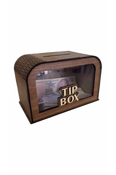 UNT Şeffaf Ön Camlı Lazer Kesim Bahşiş Kutusu (MDF – Dekoratif) - Ahşap Tip Box CEVİZ ürün görseli 1