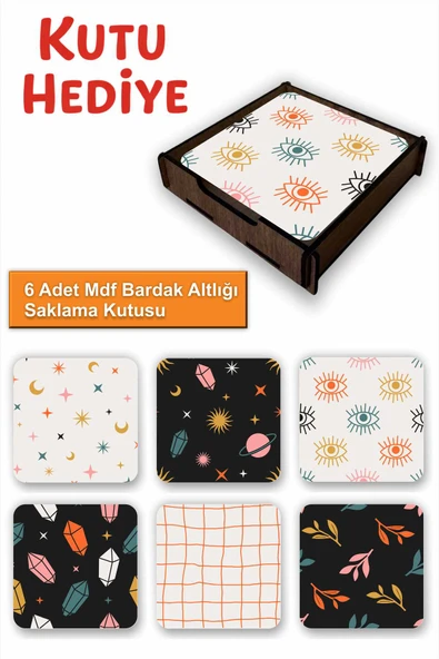 UNT Eğlenceli Renkli 6’lı MDF Bardak Altlığı Seti | Renkli Pop Art Tasarım | Ahşap Kutu Hediyeli ürün görseli 1