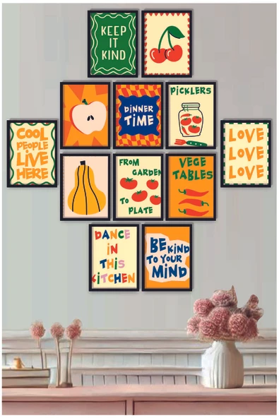 UNT Çerçeve Baskılı Eğlenceli, Abstract,  Minimalist, Modern Yiyecekler ve Mutfak Dekoru 12 li Set Tablo Çok Renkli 20 x 15 ürün görseli 1