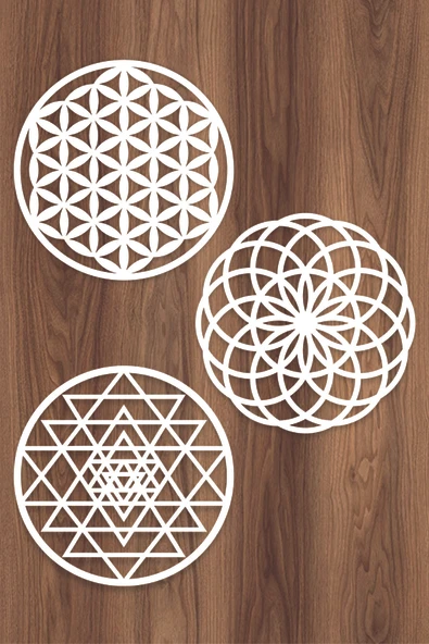 UNT Ahşap Yaşam Çiçeği Sri Yantra Torus Nefesi Üçlü Dekoratif Tablo Duvar Süsü Ev Hediyesi BEYAZ 30 x 30 ürün görseli 1