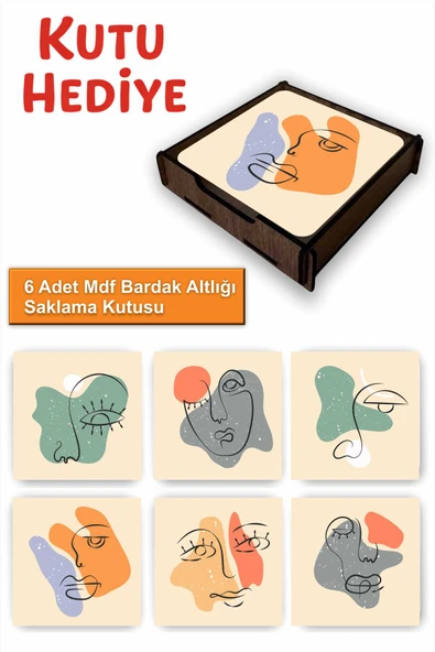UNT 6’lı Minimal Line Art Desenli MDF Bardak Altlığı Seti – Ahşap Saklama Kutulu, Kutu Hediye ürün görseli 1