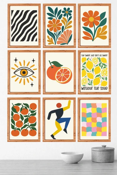 UNT Modern Retro Desenli 9’lu MDF Tablo Seti 15x20 UV Baskı Çerçeve Görünümlü Çok Renkli 15 x 20 ürün görseli 1