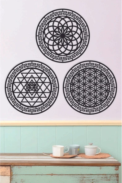 UNT MDF Yaşam Çiçeği, Sri Yantra ve Torus 4 lü Kutsal Geometri Seti Siyah 48 x 48 ürün görseli 1