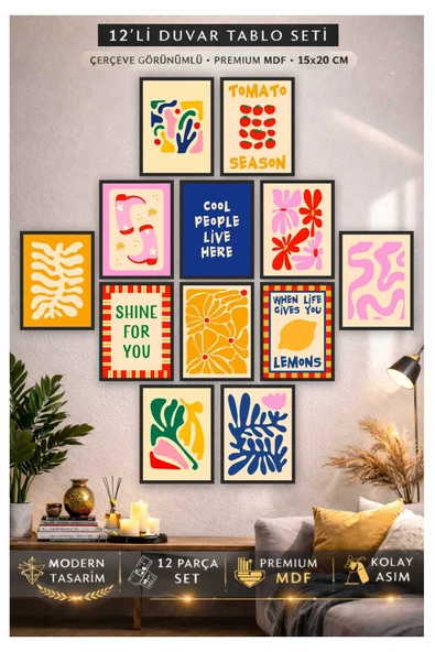 UNT Çerçeve Baskılı Eğlenceli, Abstract, Minimalist, Modern Yiyecekler ve Mutfak Dekoru 12 li Set Tablo Çok Renkli 15 x 20 ürün görseli 1