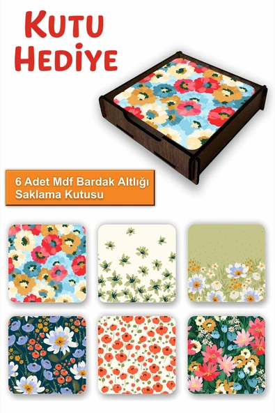 UNT 6’lı MDF Bardak Altlığı Saklama Kutulu – Çiçekler Temalı ürün görseli 1