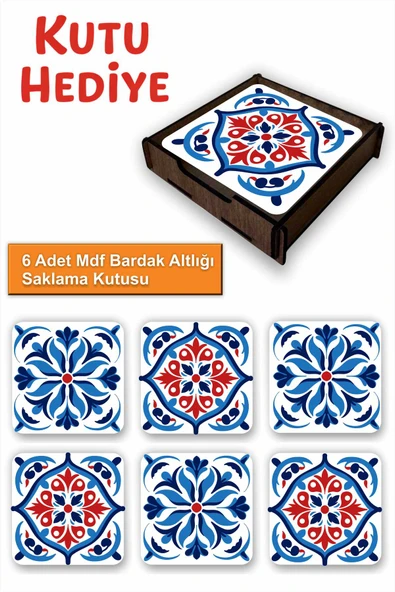 UNT Çini Desenli 6’lı MDF Bardak Altlığı Seti | Renkli Pop Art Tasarım | Ahşap Kutu Hediyeli ürün görseli 1