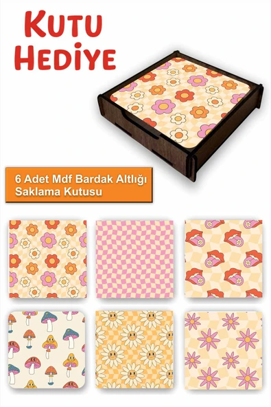 UNT Eğlenceli Renkli 6’lı MDF Bardak Altlığı Seti | Renkli Pop Art Tasarım | Ahşap Kutu Hediyeli ürün görseli 1