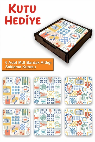 UNT 6’lı MDF Bardak Altlığı Saklama Kutulu – Dekoratif Akdeniz Esintileri Desenli ürün görseli 1