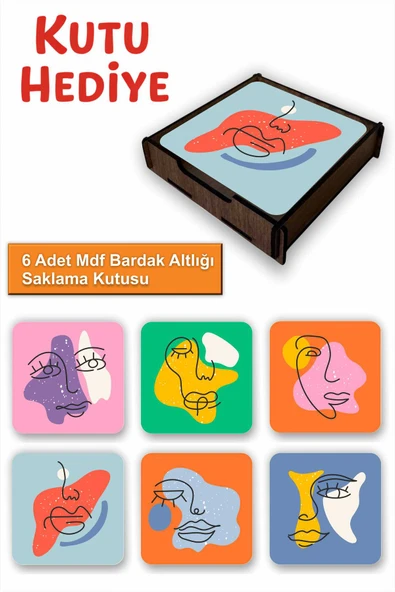 UNT 6’lı Minimal Line Art Desenli MDF Bardak Altlığı Seti – Ahşap Saklama Kutulu, Kutu Hediye ürün görseli 1