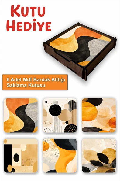 UNT Eğlenceli Renkli 6’lı MDF Bardak Altlığı Seti | Renkli Pop Art Tasarım | Ahşap Kutu Hediyeli ürün görseli 1