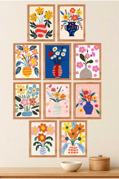 UNT 10’lu Çerçeve Görünümlü Çiçek Vazoları Tablo Seti– 15x20 cm MDF UV Baskı Çok Renkli 15 x 20 ürün görseli 1