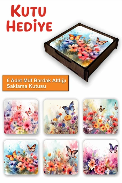 UNT Çiçekler Kelebekler Desenli i 6’lı MDF Bardak Altlığı Seti Tasarım | Ahşap Kutu Hediyeli ürün görseli 1
