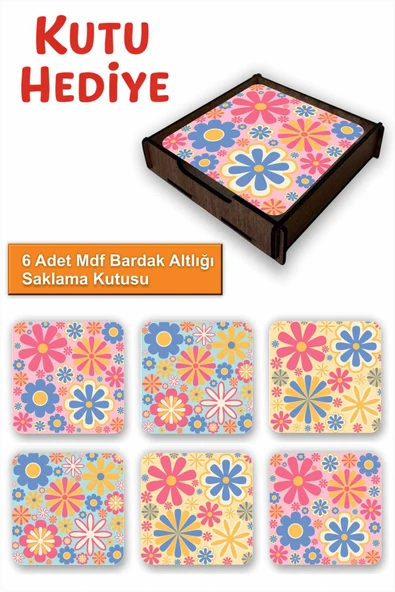 UNT Eğlenceli Renkli 6’lı MDF Bardak Altlığı Seti | Renkli Pop Art Tasarım | Ahşap Kutu Hediyeli ürün görseli 1